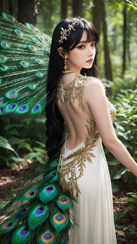 masterpiece, 最high quality, forest, Long black hair, woman, Performer, high quality, Beautiful graphics, Attention to detail,Clothing made from bird feathers,Peacock