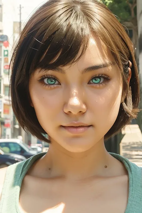 sexy japanese girl, model, 30 years old, public, on street, summer clothing, sexy perfect face, perfect eyes, green eyes, symetric eyes, girlfriend, happy face, short hair, bangs hairstyle, no squint,