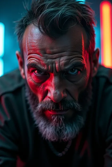 macro crisp quality, close up portraint, of cyberpunk brutal man, in cyberpunk neon room, rough skin, look at a camera, glowing eyes, age 40, cinematic, dimmed colors, dark shot, muted colors, film grainy, lut, spooky