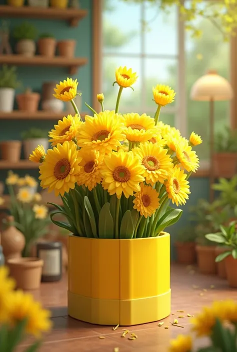 A yellow gift box , A bouquet of yellow flowers comes out and says the word in the center ; 4E flower shop 