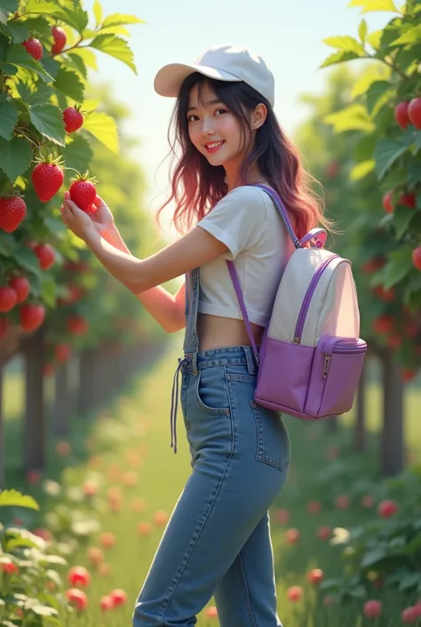 Hyper Realistic full body gadis cantik korea ,rambut losse panjang gradiasi warna dan seperti terbang terbawa angin, kebun buah, memakai crop tshirt white, wear overall jeans blue style, menggendong ransel bening white purple,black, memakai topi sporty put...