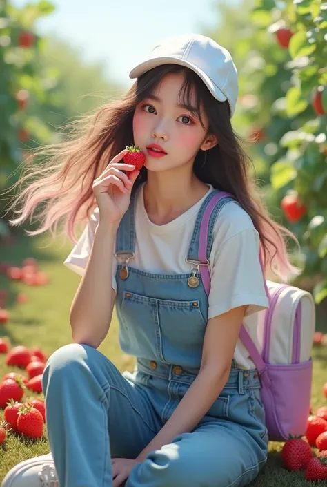 Hyper Realistic full body beautiful Korean girl ,long hair losse gradient color and like flying in the wind, fruit garden, wearing a white crop t-shirt, wear overall jeans blue style, carrying a clear white purple backpack,black, wearing a white sporty hat...