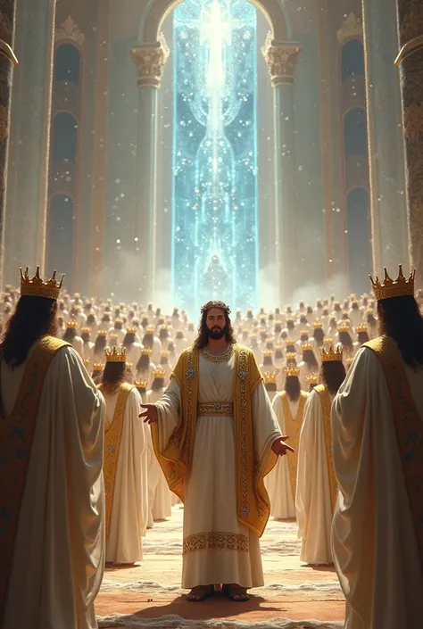 Jesus Christ (Slightly Smaller) in the center and in the front with his crown and priestly vest of precious stones, in the new Jerusalem, heavenly city, sapphire throne and jesus standing in front of it, and crystal palace and crowd of white clothes and go...