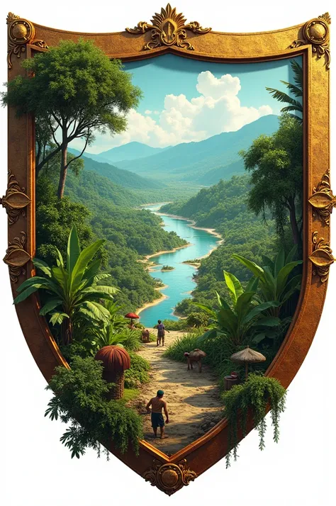 That the image is surrounded by a well-decorated shield that says Reventaron district on the top and inside the shield between a river with curves and at the same time the beach with its mangroves also that it has swamps and banana plantations and farmers ...