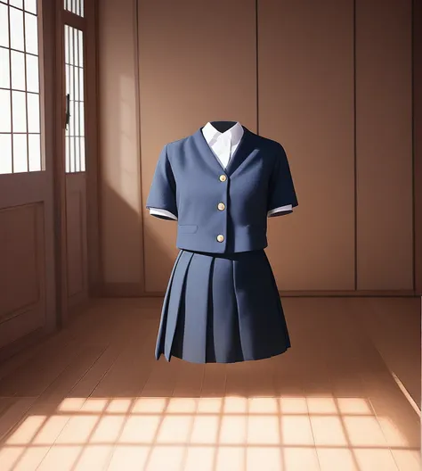 floating school uniform with no visible person, detailed Japanese high school uniform, indoors, modern room with wooden floor and windows, soft lighting, detailed shading, realism, high quality, no face, no body, realistic fabric folds and textures.