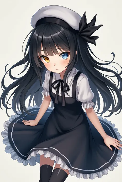 long hair, black hair, Simple background, eyes on one side gold and on the other light blue ,, black and white dress grey and white tights with a white hat1 girl, 