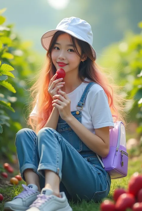 Hyper Realistic full body beautiful Korean girl ,long hair losse gradient color and like flying in the wind, fruit garden, wearing a white crop t-shirt, wear overall jeans blue style, carrying a clear white purple backpack,black, wearing a white sporty hat...