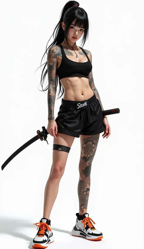 live-action、Real、Japanese girl with black hair and ponytail、Pale pink lips、Thick lower lip、Black sports bra、Moderate bust、Black shorts、Full body Japanese tattoos、A pair of white and orange futuristic high-top sneakers with a Japanese sword hanging from the...