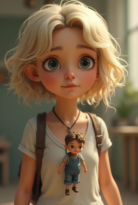 A blonde teenage girl with short hair wearing a necklace, with a thin chain. The necklace includes a small harness adapted to carry a tiny man. The necklace is shaking the tiny man as she walks quickly, making him feels dizzy.