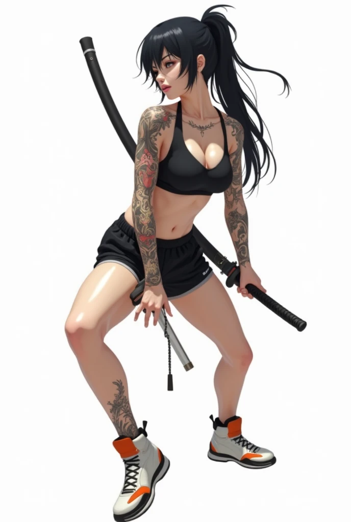 live-action、Real、Japanese girl with black hair and ponytail、Pale pink lips、Thick lower lip、Black sports bra、Moderate bust、Black shorts、Full body Japanese tattoos、A pair of white and orange futuristic high-top sneakers with a Japanese sword hanging from the...