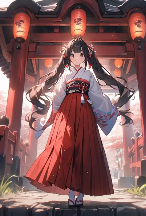 Japanese Girl、One Person、（Full Body Shot:1.3）、4 heads、Shrine maiden、Digital Portrait,Black Hair、 Long hair in twin tails、Thick eyebrows, Incredible Color Grading, Kimono,Japanese Clothing,jacket （（White Japanese Clothing））,（（Japanese Kimono hakama））、（（（Red...