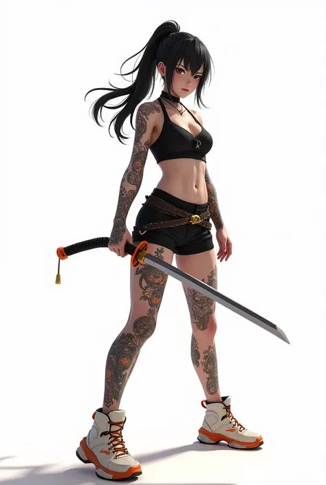 live-action、Real、Japanese girl with black hair and ponytail、Pale pink lips、Thick lower lip、Black sports bra、Moderate bust、Black shorts、Full body Japanese tattoos、A pair of white and orange futuristic high-top sneakers with a Japanese sword hanging from the...