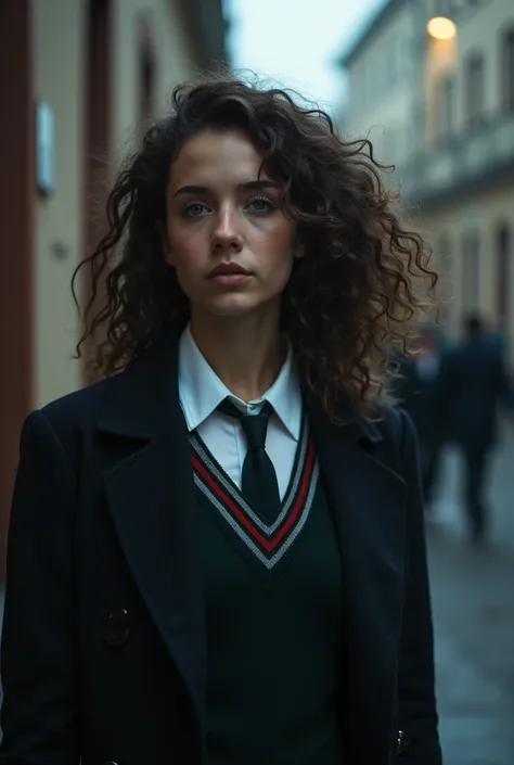 A brunette girl with curly hair with the cold and popular guy of the whole campus. make it in a setting of school, and make it a cover of a wattpad story. they are wearing uniforms. they are highschoolers. they are young. make the background a little darke...