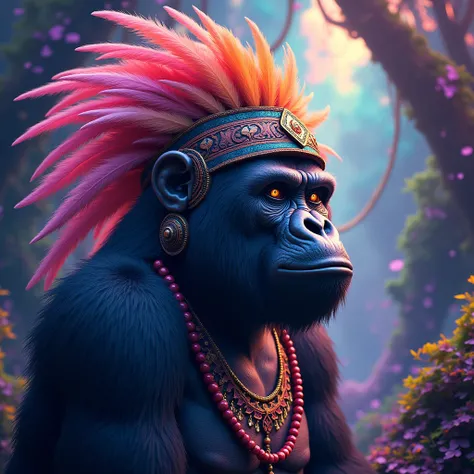 a gorilla wearing a feathered headdress, psychedelic background, ayahuasca gorilla, shaman gorilla, detailed fur, detailed facial features, intricate feather headdress, vibrant colors, glowing eyes, abstract swirling patterns, mesmerizing visuals, hypnotic...