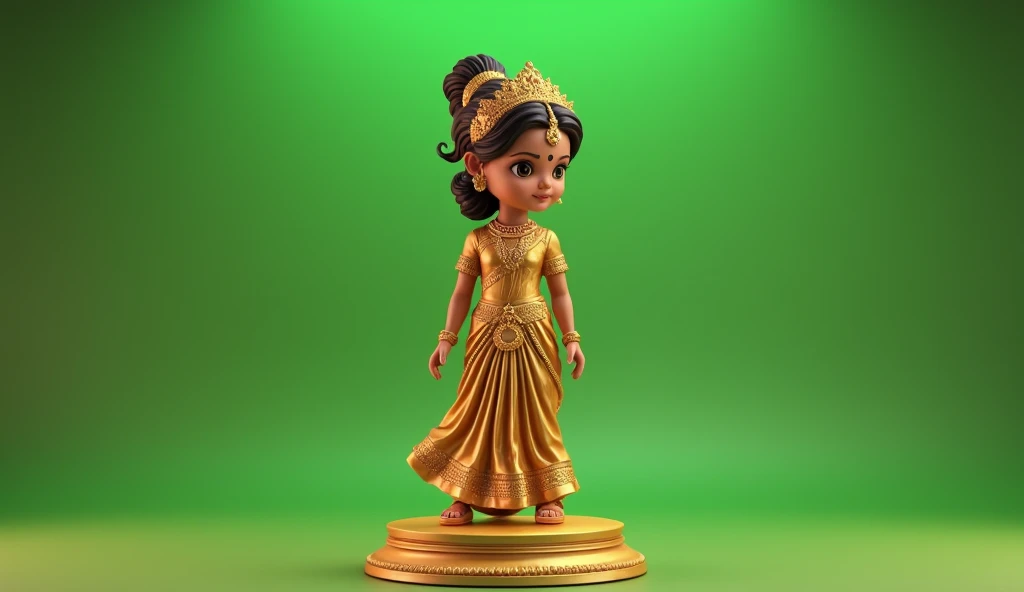  golden statue of cute little indian kid princess green screen side view full body
