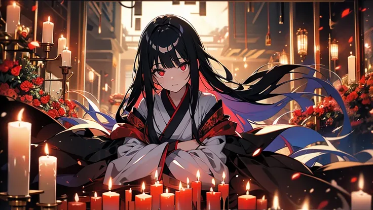 Girl, black hair, long straight hair, red eyes, white kimono, in the dark, lots of candles behind her, ghost story