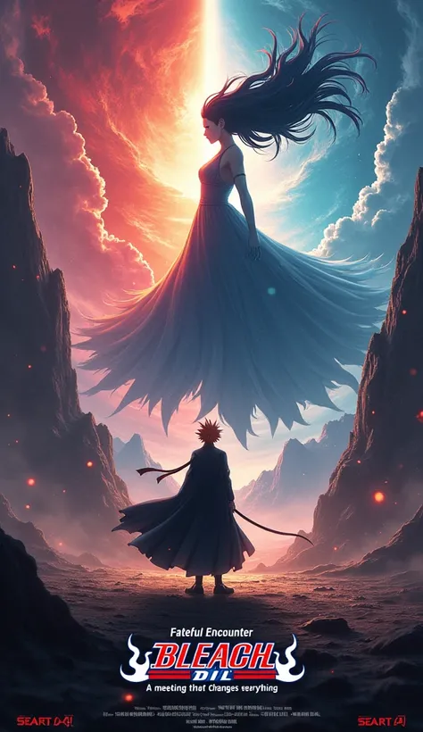  “Create a movie blockbuster poster featuring Ichigo Kurosaki (from Bleach) and chichi (from Dragonball). The title: ‘Fateful Encounter’ should be large and prominently displayed. Directed by [Director]. Rated 18+. Premiering on [Date]. Add text like ‘A me...