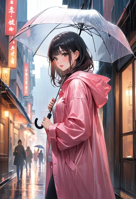 (Rain Themeアート),(Best Quality),(masterpiece),(1. girl),(Alone),Delicately painted face,A girl with a beautiful face,Beautifully detailed, Clear brown eyes,(Raincoat and boots),Walking down a street of tall buildings,Beautiful Skin,Beautifully detailed Egyp...