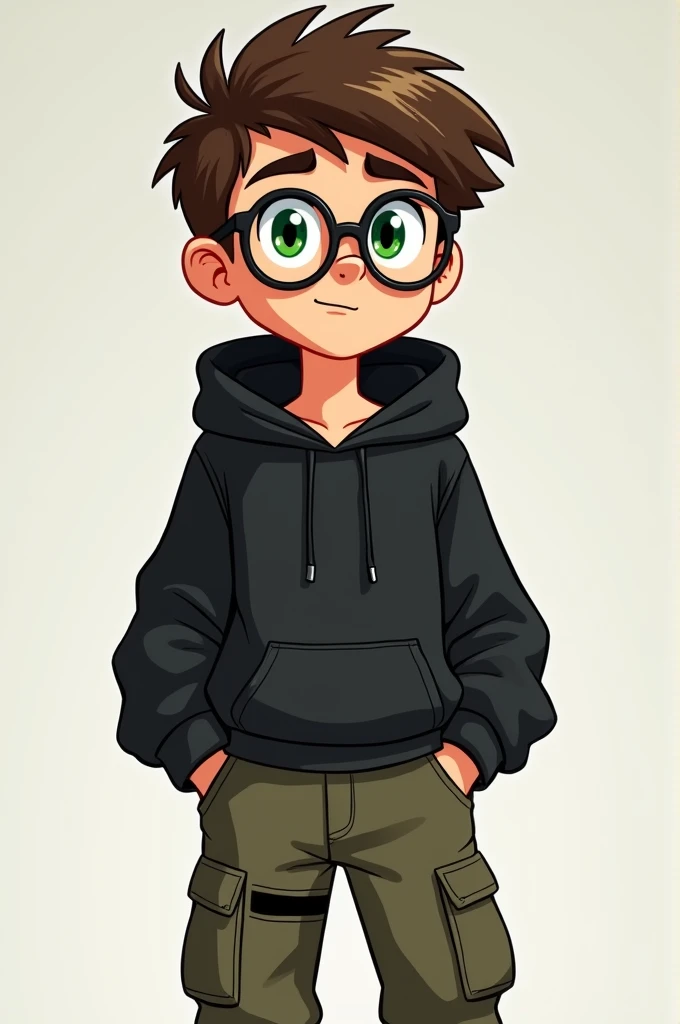 Cartoon teenage man with round glasses cargo pants green eyes and loose black shirt hood tied at waist