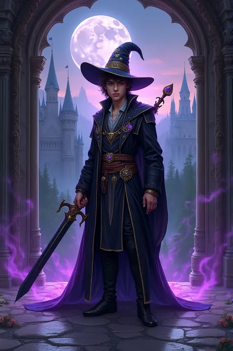 Sent by you:
create a royal-style image of a young, handsome wizard wearing a black robe with gold details and a pointed hat with the same color and runes. He holds a black sword with golden runes in his right hand., and she&#39;s on fire, in his left hand...