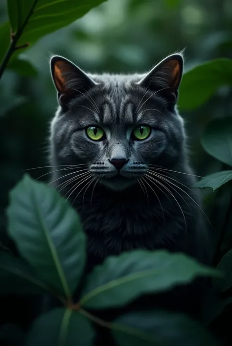 Un chat tout gris foncé, avec un peu de rayures blanches, les yeux verts, derrière un fond dans la nature sombre avec des feuilles tropical