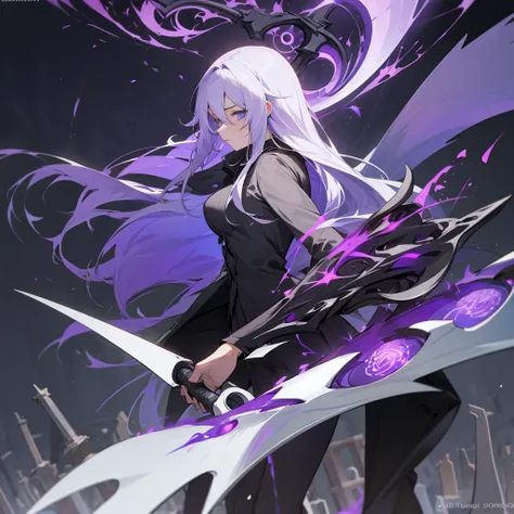 Woman in black suit with a scythe, in a cemetery, anime version of the Norse goddess of death Hella, purple energy emanating from your body