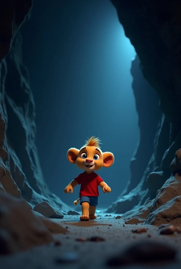 A Pixar-style lion cub, now inside the dark and cold cave, walks slowly with his fluffy mane slightly trembling in fear. His big blue eyes are wide open as he hears strange whispers echoing off the stone walls. The cave is dimly lit with a faint, spooky gl...