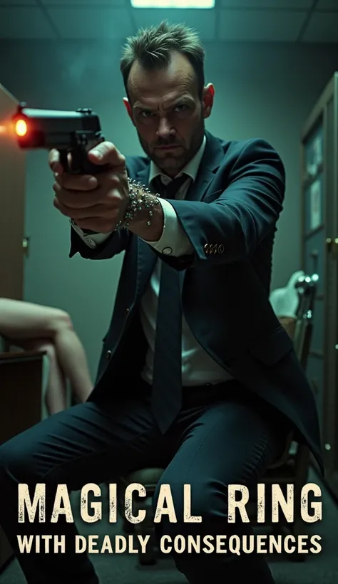 Setting: A dimly lit office, with the safe in the background, slightly open. A sense of mystery and tension should surround the scene.
Foreground:
Man with a gun: The man should be in the center, holding a gun, with an intense and desperate expression on h...