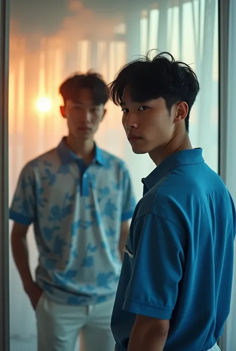 (A photo of a beautiful korean boy  with   undercut black  hair . With big mirror shot  taking selfi of him self front of him and his back of the window and sunset he is dressed in a blue and white polo and white  pants outfit. The  The scene is further en...