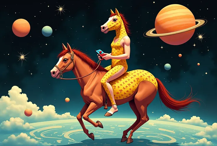 Horse-headed、Wearing a yellow school swimsuit with lots of horses on it, holding a Switch Joy-Con in each hand, she rides a horse through the solar system.