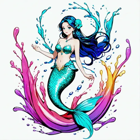 Brand logo、Clean design、Transparent design、(A mermaid&#39;s tail splashes and becomes art)、Beautiful color splash, White background、