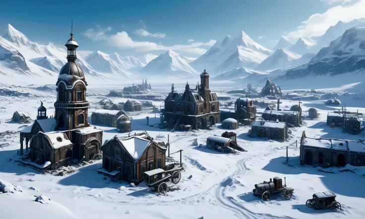 A high-resolution image of a post-apocalyptic ice world full of snow and mountains. There are remains of Victorian-style machines and buildings, covered by snow to see. Everything seems mystical and deserted, but contains a beauty. The cold can literally b...