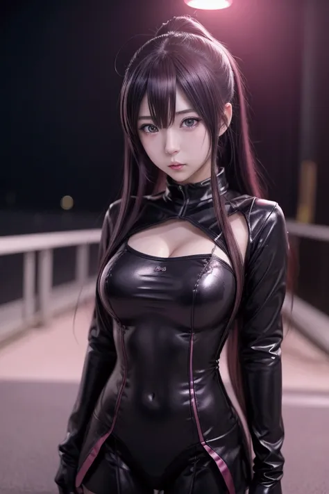 An anime girl posing for photos on a blurred dark background f1.2. Masterpiece, ( Girl Makes Ultra Realistic Cosplay Of A Sexy Anime Character) ultra HD, 8k, photography style, sexy, 100% realistic textures. Cool colors like movie at night,  cinematic, bes...