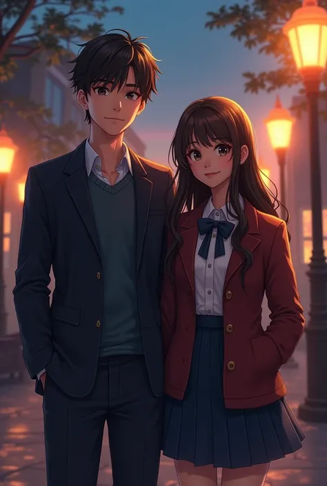 A brunette girl with the cold and popular guy of the whole campus. make it in a setting of school, and make it a cover of a wattpad story. they are wearing uniforms. they are highschoolers. they are young. make the background a little darker. a medium shot...