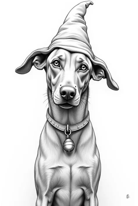 beautiful vizsla with big eyes as Christmas elf pointed hat and bell on collar in Peaky Blinders style as coloring picture in black and white
