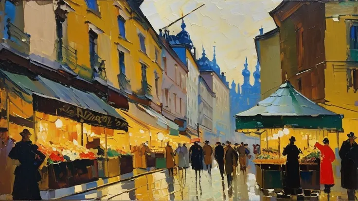 Konstantin Korovin Style - 1920s, Cityscape painting with a market, Cyberpunk, Dynamic Perspective, Golden Palette, Backlight, Daniel F. Gael Hartz and Andrey Siktov, Thick brush strokes and wet paint, Fibonacci, Golden Ratio, Visible handwriting, Oil on c...