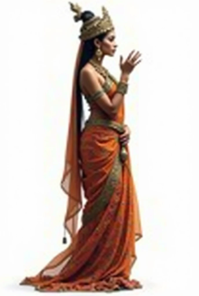 A ancient Hindu queen, standing on floor, side view, talking, hand gesture, white background, also show leg standing on floor,crown, wearing saree