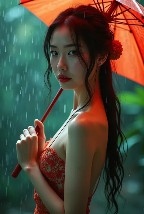 A beautiful Asian girl with perfect body, delicate face, long eyelashes, detailed eyes and lips, holding an umbrella, standing in the rain, colorful cinematic lighting, dramatic moody atmosphere, photorealistic, 2k, highly detailed