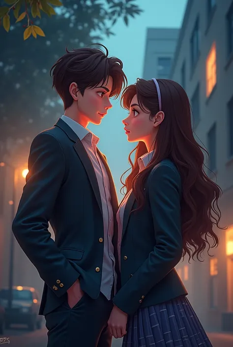 A brunette girl with the cold and popular guy of the whole campus. make it in a setting of school, and make it a cover of a wattpad story. they are wearing uniforms. they are highschoolers. they are young. make the background a little darker. a medium shot...