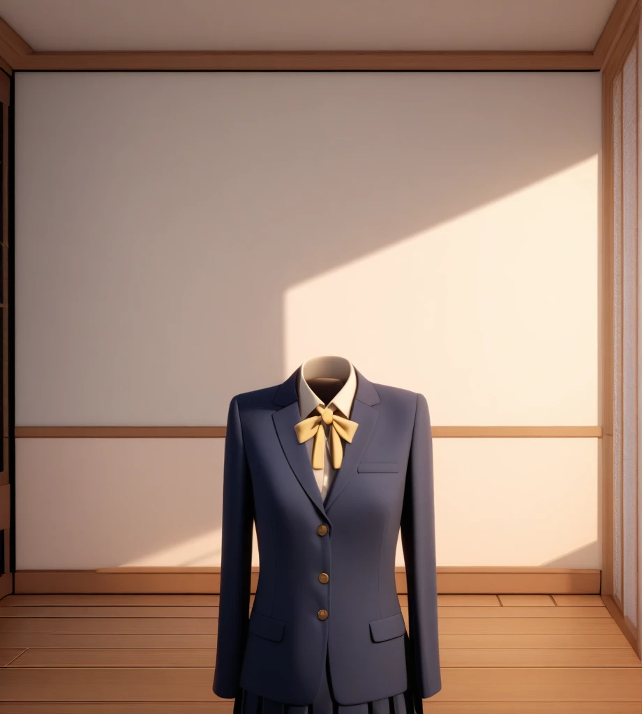 a detailed 3d rendering of a traditional japanese school uniform (seifuku) floating without a body. the outfit includes a navy b...