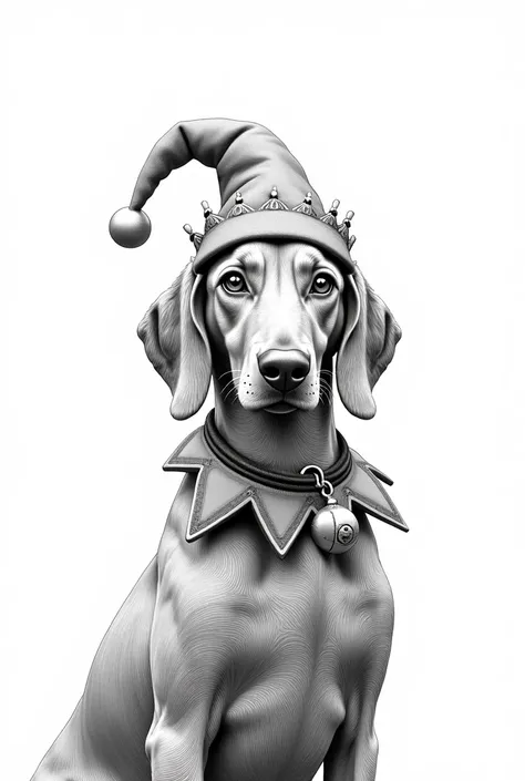 beautiful vizsla with big eyes as Christmas elf pointed hat and bell on collar in Peaky Blinders style as coloring picture in black and white
