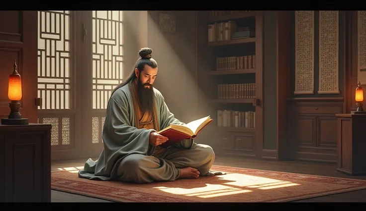 Ancient China Zhou Dynasty, Confucius, a learned man, was sitting reading a book.