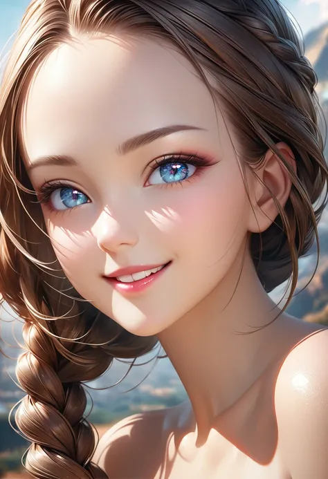 cool beauty, smiling and winking, striking beautiful eyes, glossy silky braided bangs hair, forehead, make-up, fascinating, perfect proportions, delicate and dynamic textures, 2.5D, digital graphic CG, artistic photography, hyper realistic, ultra detailed,...