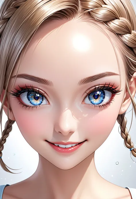 cool beauty, smiling and winking, striking beautiful eyes, glossy silky braided bangs hair, forehead, make-up, fascinating, perfect proportions, delicate and dynamic textures, 2.5D, digital graphic CG, artistic photography, hyper realistic, ultra detailed,...