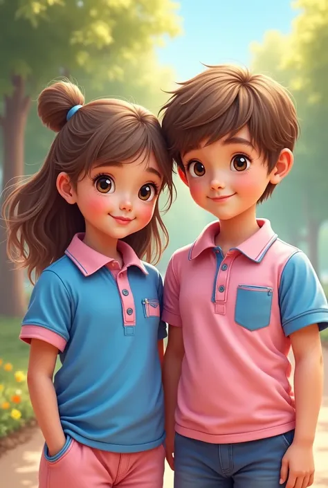 girl with blue and pink polo shirt with shirt collar, boy with blue and pink polo shirt with shirt collar