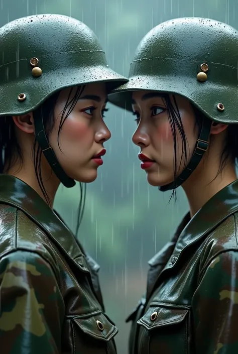 There are two women in military uniform standing in the rain,beautiful female soldier,soldier girl profile close-up,soldier girl,military girl,future soldier girl profile close-up,female soldier profile close-up,military photography,infantry girl,Chinese i...