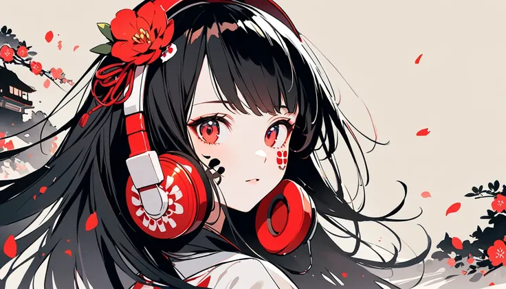 (((Ink Painting))), (((1 girl))), (((Face tattoo))), (((Gorgeous hair accessories))), Japanese style headphones, Face close-up, Japan人の美少女, Black Hair, Delicate and precise,Japan, Japanese flag,Flower storm,petal,Red Flower