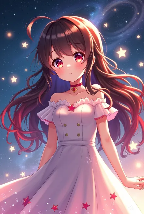 Mizuki has long, wavy brown hair with striking red highlights. Her eyes are bright and vibrant, reflecting her connection to the stars. She favors stylish, casual outfits with celestial themes like star motifs or constellation patterns, often incorporating...