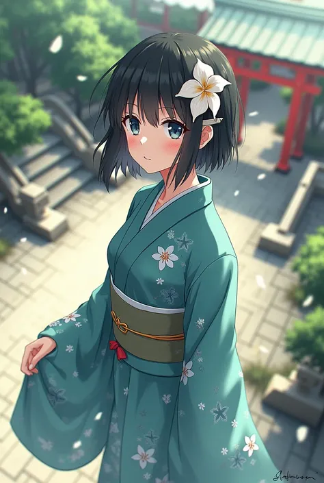 1girl, solo, from above, (white lily flowers), aesthetic, intricate, best quality, detailed background, Sayaka Miki, ((girl wearing a patterned teal kimono:1.2)), (walking in zen garden),  casual pose, detailed textures, posing, floral print, hair flower, ...