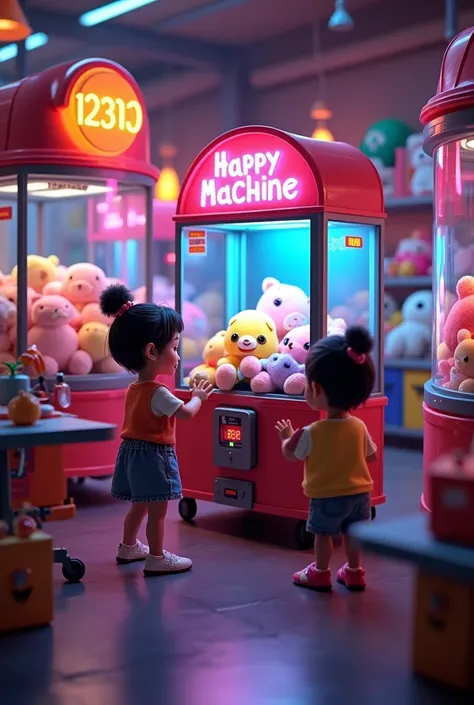 create 3D Pixar style image kids capturing plushies in plush machine shop everyone very happy (all black store full of colorful neons) happy environment  (black machines with transparent glass, with a three-toothed claw and a neon sign that says Happy Mach...